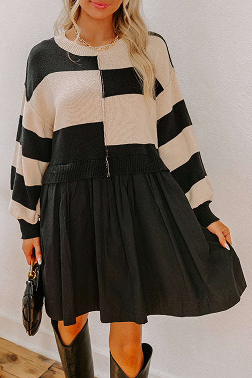 Black Stripe Two in One Knitted Top High Waist Splicing Hem Sweater Dress