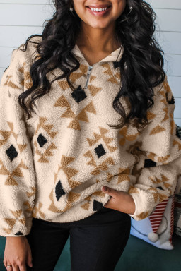 Khaki Geometric Print Sherpa Quarter Zip Collar Sweatshirt