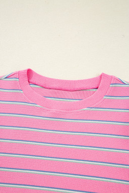 Rose Striped Textured Knit Puff Sleeve Round Neck Top