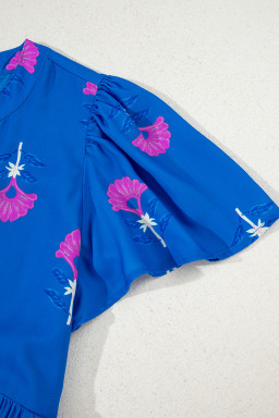 Blue Floral Print Notched Neck Flounce Sleeve Maxi Dress