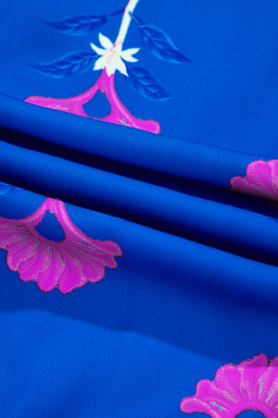 Blue Floral Print Notched Neck Flounce Sleeve Maxi Dress