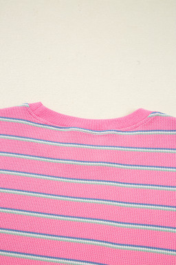 Rose Striped Textured Knit Puff Sleeve Round Neck Top