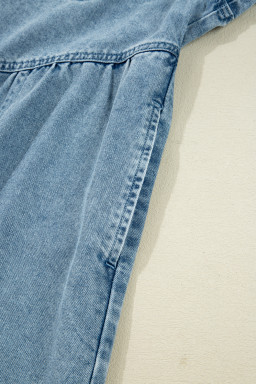 Beau Blue Smocked Cuffs Flared Denim Shirt Mini Dress