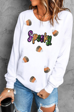 White Spooky Halloween Spirit Sequins Patch Casual Sweatshirt