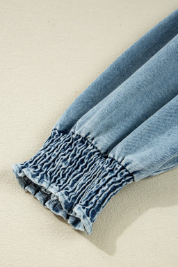 Beau Blue Smocked Cuffs Flared Denim Shirt Mini Dress