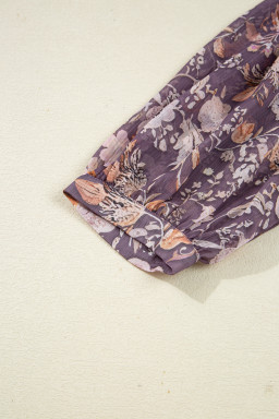 Blue Boho Floral Print 3/4 Sleeve Babydoll Blouse