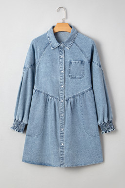 Beau Blue Smocked Cuffs Flared Denim Shirt Mini Dress