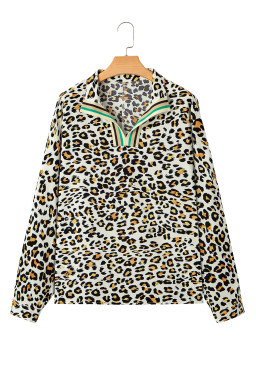 Khaki Leopard Print Long Sleeve Striped V Neck Top