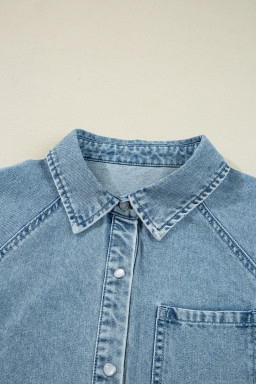 Beau Blue Smocked Cuffs Flared Denim Shirt Mini Dress