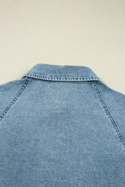 Beau Blue Smocked Cuffs Flared Denim Shirt Mini Dress