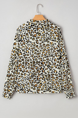 Khaki Leopard Print Long Sleeve Striped V Neck Top