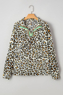 Khaki Leopard Print Long Sleeve Striped V Neck Top