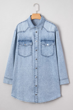 Beau Blue Chest Pocket Raw Hem Denim Loose Shirt Dress