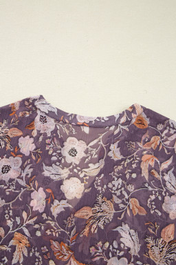 Blue Boho Floral Print 3/4 Sleeve Babydoll Blouse