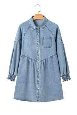 Beau Blue Smocked Cuffs Flared Denim Shirt Mini Dress