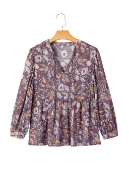 Blue Boho Floral Print 3/4 Sleeve Babydoll Blouse