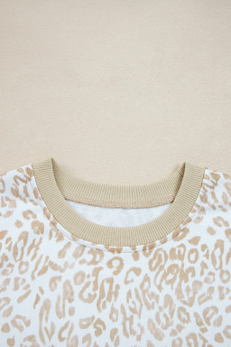 Khaki Ribbed Trim Ruffle Detail Leopard Round Neck Sweatshirt