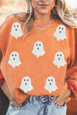 Orange Twisted Ribbed Texture Halloween Ghost Sequin Patched Sweatshirt