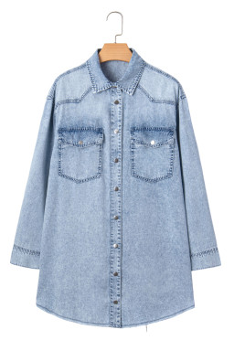 Beau Blue Chest Pocket Raw Hem Denim Loose Shirt Dress
