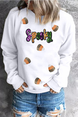 White Spooky Halloween Spirit Sequins Patch Casual Sweatshirt