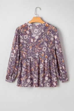 Blue Boho Floral Print 3/4 Sleeve Babydoll Blouse