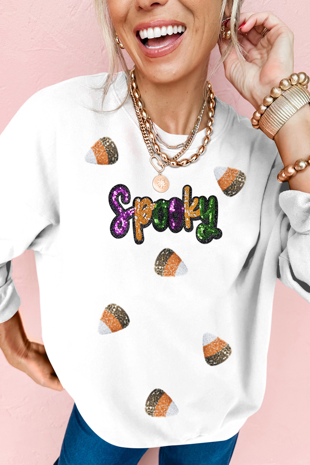 White Spooky Halloween Spirit Sequins Patch Casual Sweatshirt