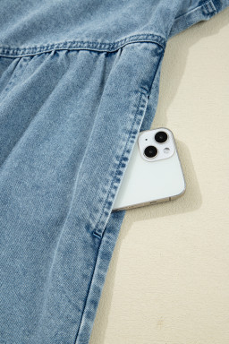 Beau Blue Smocked Cuffs Flared Denim Shirt Mini Dress