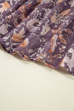 Blue Boho Floral Print 3/4 Sleeve Babydoll Blouse