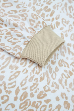 Khaki Ribbed Trim Ruffle Detail Leopard Round Neck Sweatshirt