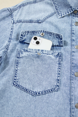 Beau Blue Chest Pocket Raw Hem Denim Loose Shirt Dress