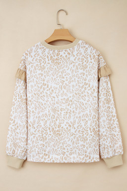 Khaki Ribbed Trim Ruffle Detail Leopard Round Neck Sweatshirt