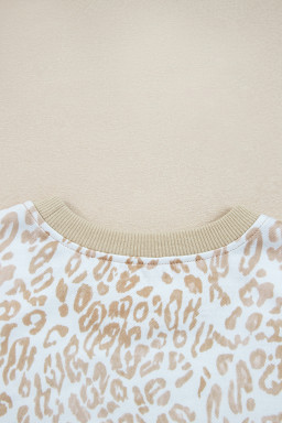 Khaki Ribbed Trim Ruffle Detail Leopard Round Neck Sweatshirt