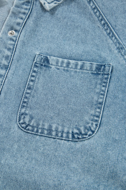 Beau Blue Smocked Cuffs Flared Denim Shirt Mini Dress