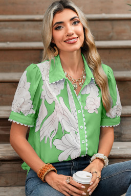 Green Floral Print Ric Rac Trim Puff Sleeve Button Up Shirt