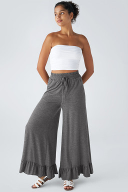 Medium Grey Solid Color Ruffle Hem Wide Leg Pants
