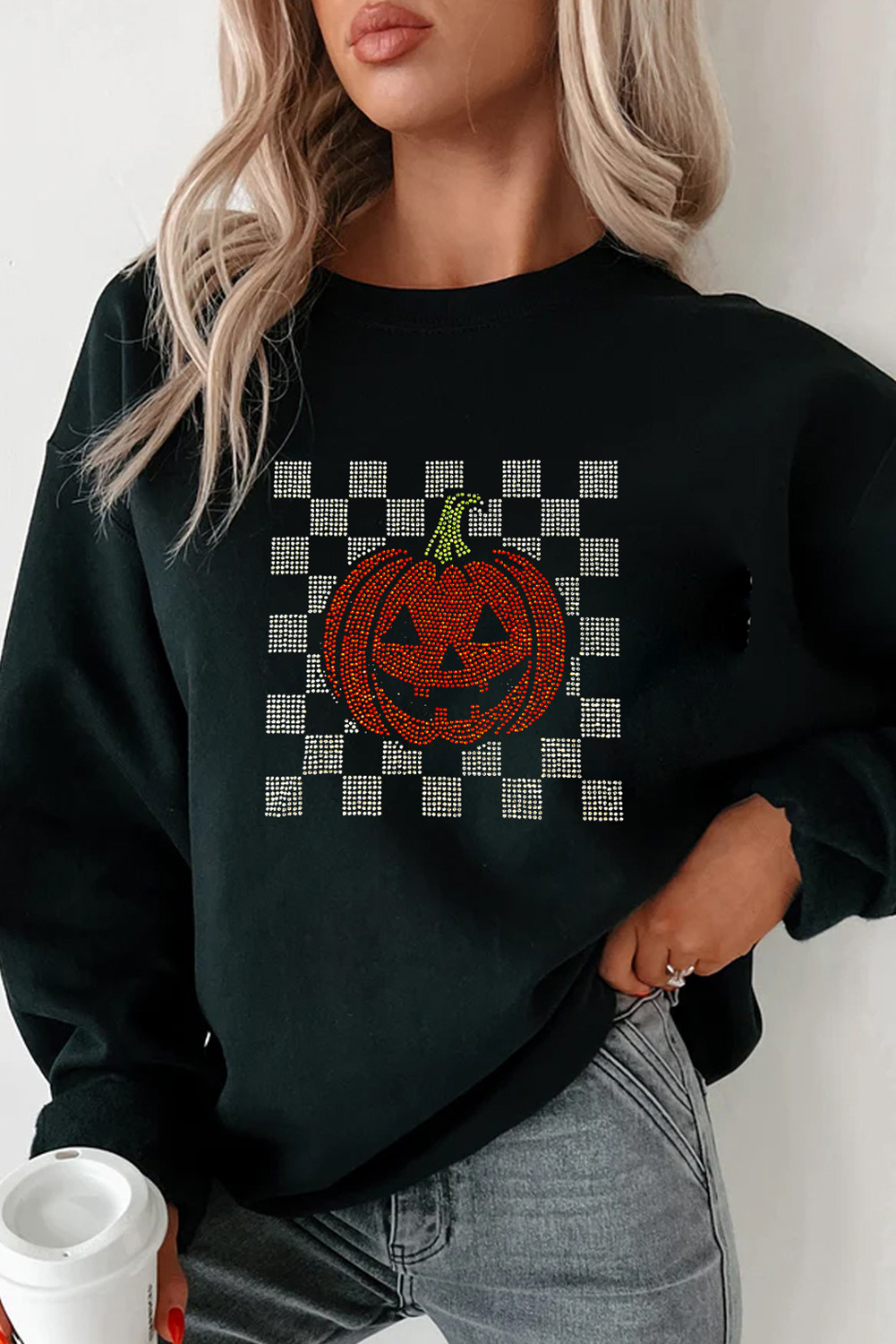Black Jack-o-lantern Checkered Rhinestone Transfer Graphic Halloween Sweatshirt