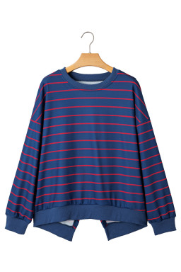 Blue Striped Overlap Detail Drop Shoulder Pullover Sweatshirt