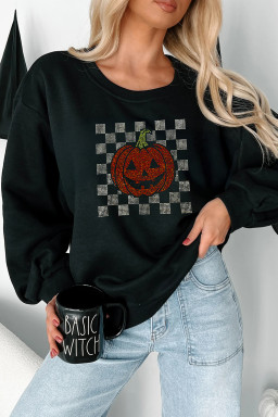 Black Jack-o-lantern Checkered Rhinestone Transfer Graphic Halloween Sweatshirt
