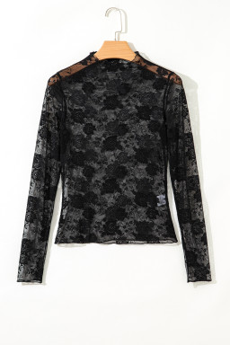 Black Mock Neck Floral Lace Mesh Long Sleeve Top