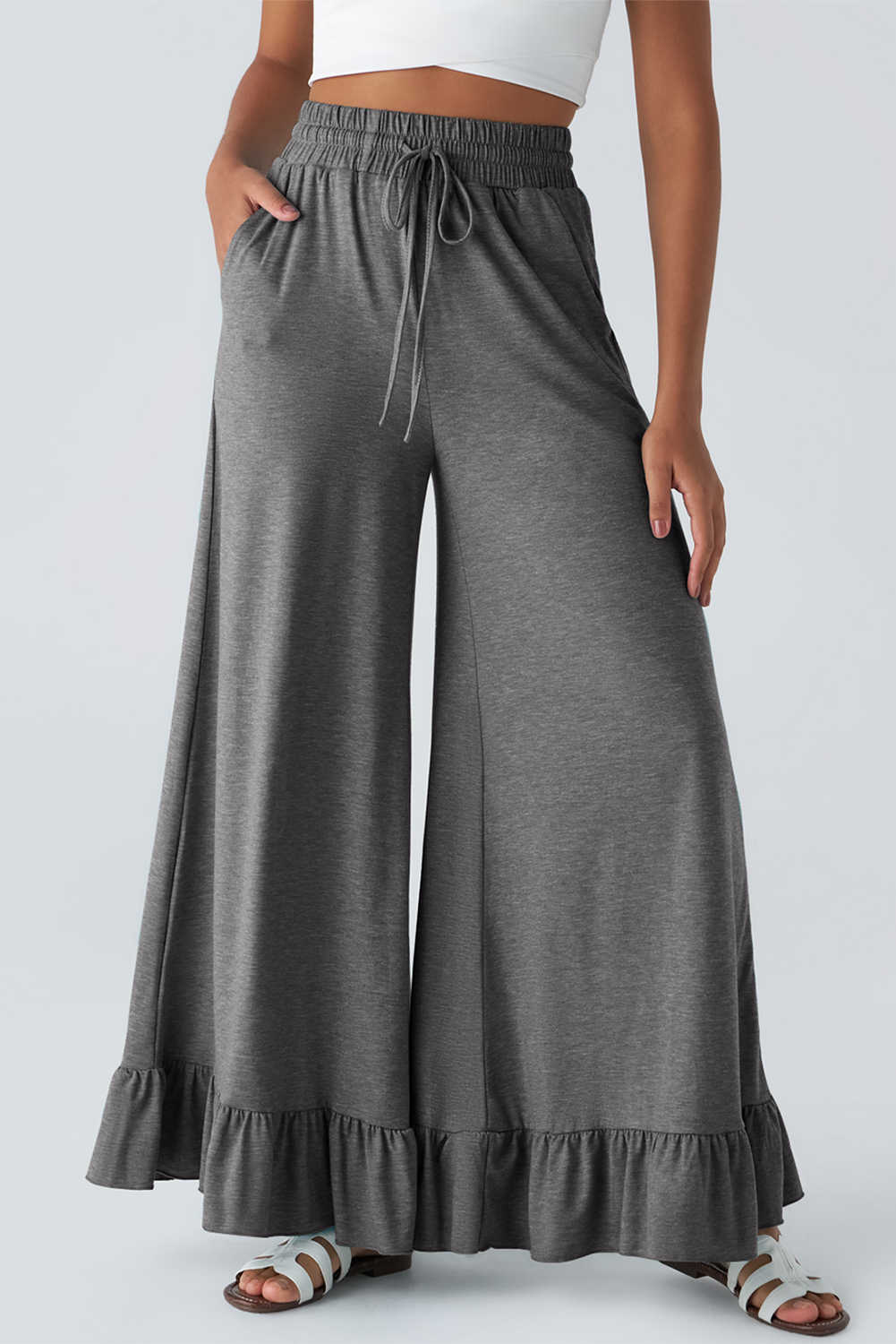 Medium Grey Solid Color Ruffle Hem Wide Leg Pants