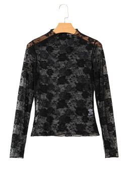 Black Mock Neck Floral Lace Mesh Long Sleeve Top