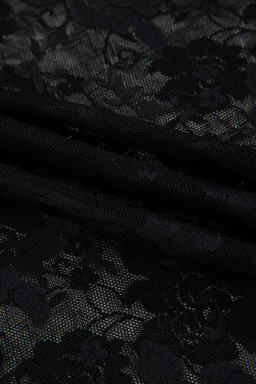 Black Mock Neck Floral Lace Mesh Long Sleeve Top