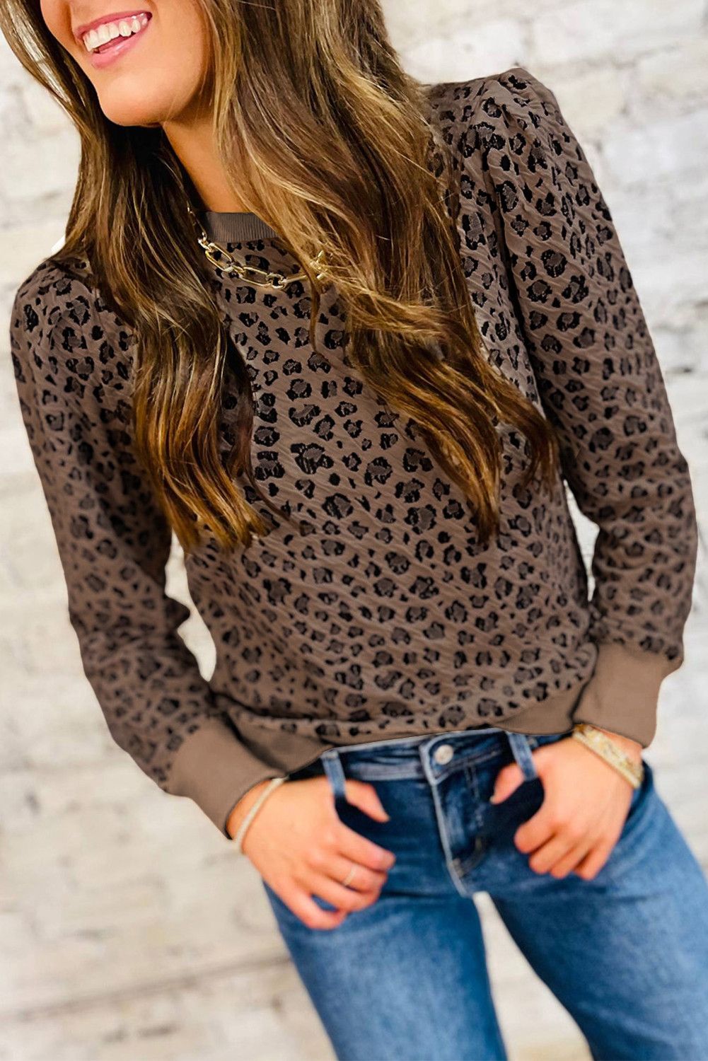 Brown Ribbed Trim Leopard Print Long Sleeve Top