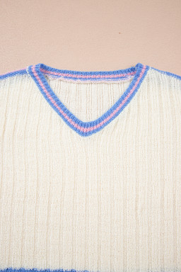 White Striped V Neck Dolman Sleeve Knit Sweater