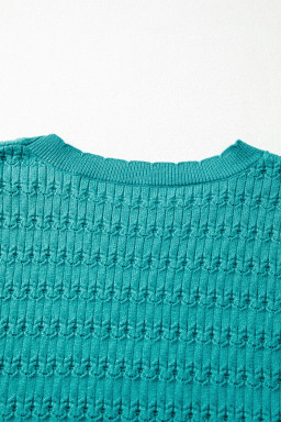 Sea Green Trendy Pattern Knit Ribbed Cuffs Crew Neck Sweater