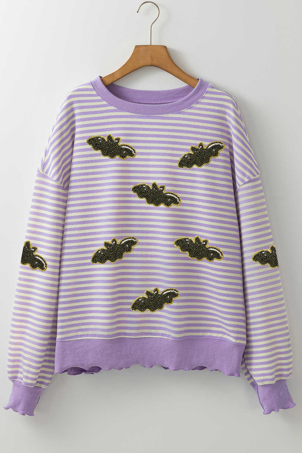 Purple Stripe Sequin Halloween Bat Patched Drop Shoulder Long Sleeve Top