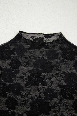 Black Mock Neck Floral Lace Mesh Long Sleeve Top