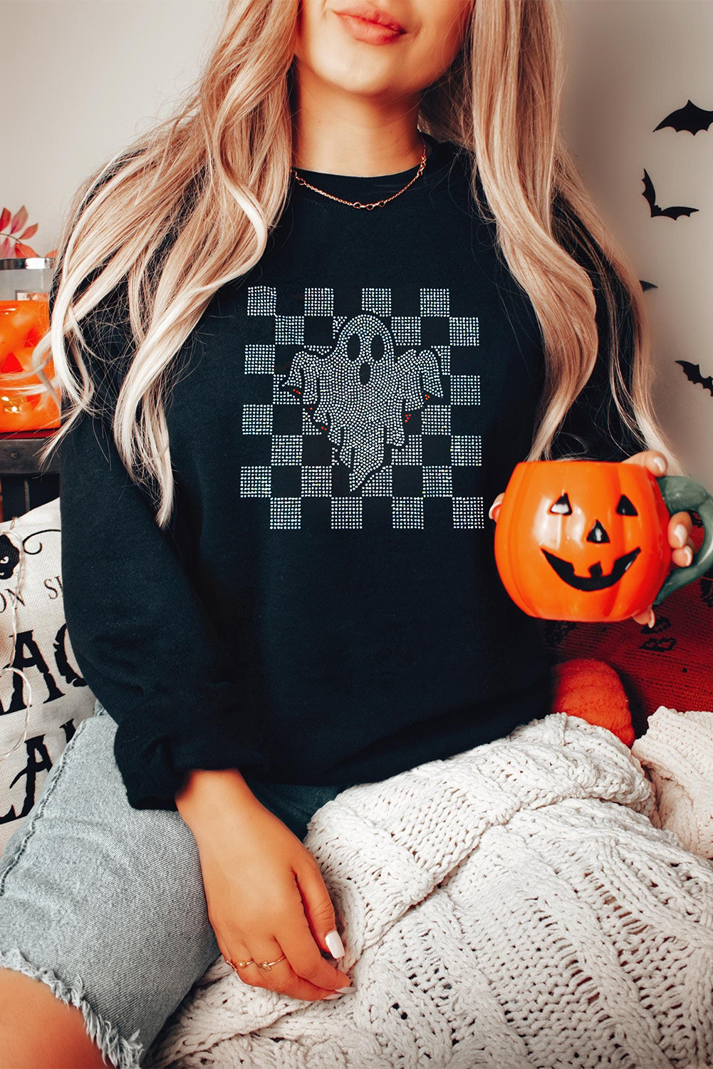 Black Checkered Halloween Ghost Rhinestone Transfer Drop Shoulder Sweatshirt