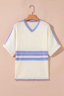 White Striped V Neck Dolman Sleeve Knit Sweater