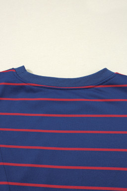Blue Striped Overlap Detail Drop Shoulder Pullover Sweatshirt
